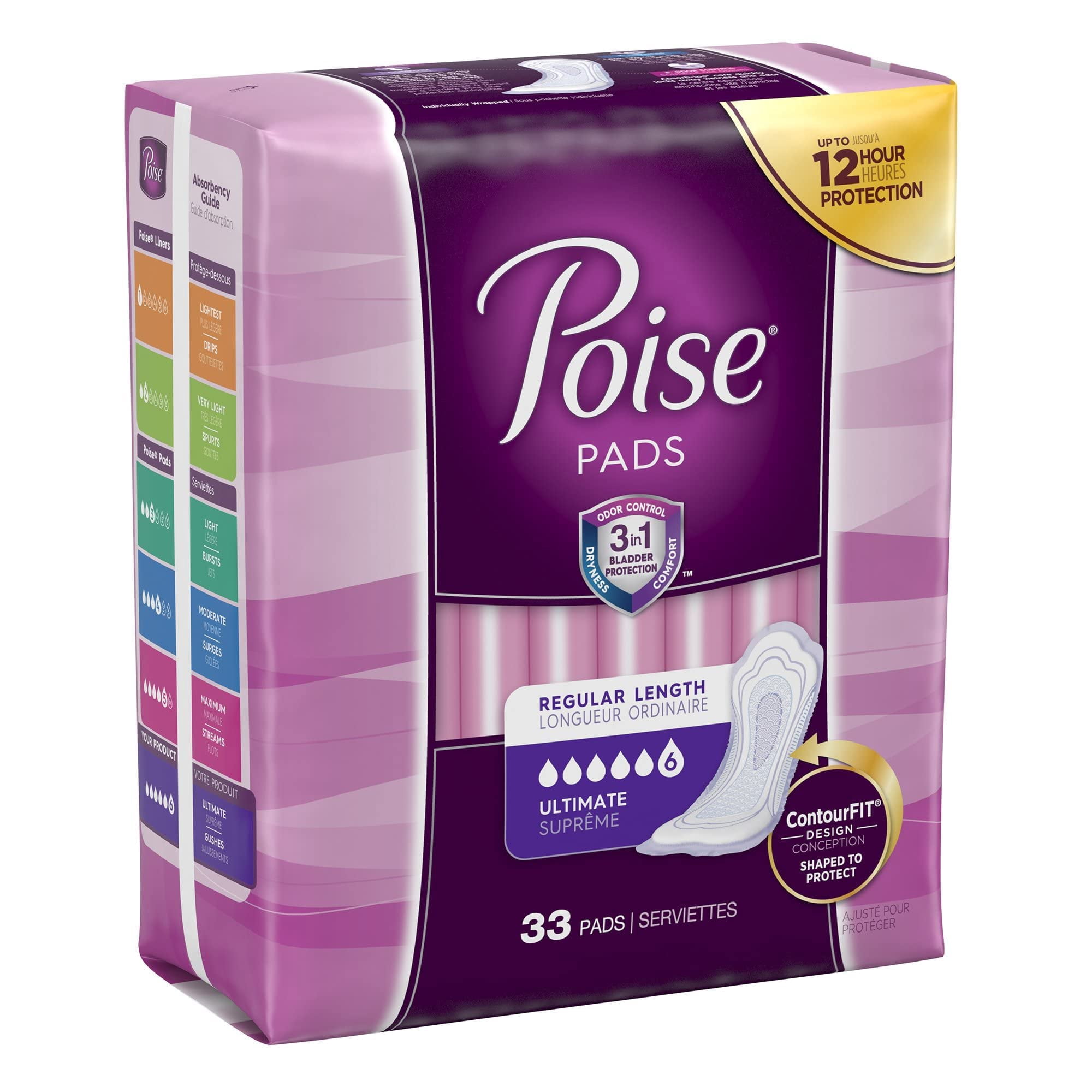 Poise Incontinence Pads for Women, Regular Length Ultimate Absorbency Bladder Leak Pads, Disposable Feminine Protection, 33 Count (Pack of 2)