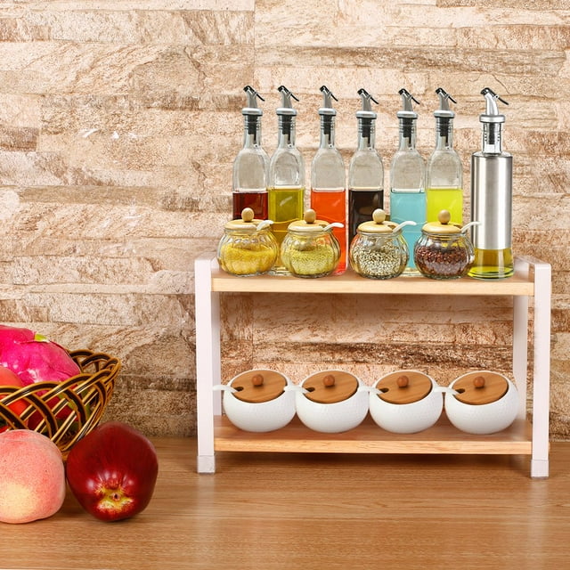 2 Layers Kitchen Wooden Spices Rack Free Standing Shelf Rack Glass Pot Jars Seasoning Bottle Storage Racks Organizer Holder