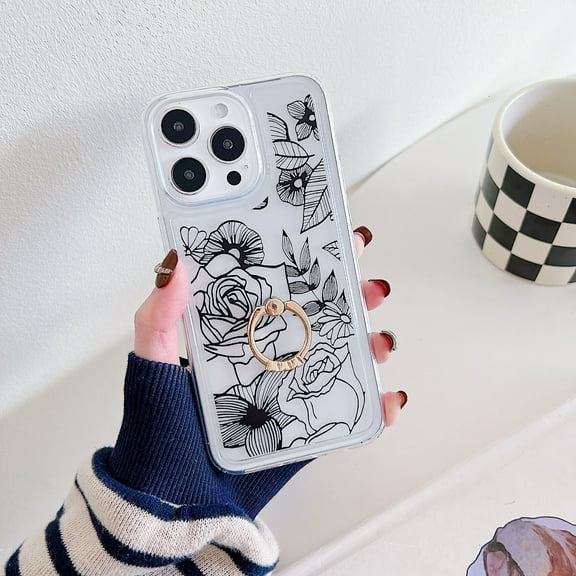 TECH CIRCLE For iPhone 15 Case, 360 Rotating Ring Holder Kickstand Soft Slim Shockproof Protective TPU Girls Women Clear Cute Case for Apple iPhone 15 6.1" 2023,Black Rose
