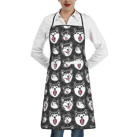

Pofeuu HUSKY Face Print Aprons with Pockets Cute Aprons for Kitchen Cooking Server Barber Chef Apron