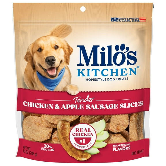 Milo’s Kitchen Chicken & Apple Sausage Slices Dog Treats, 10 oz Bag