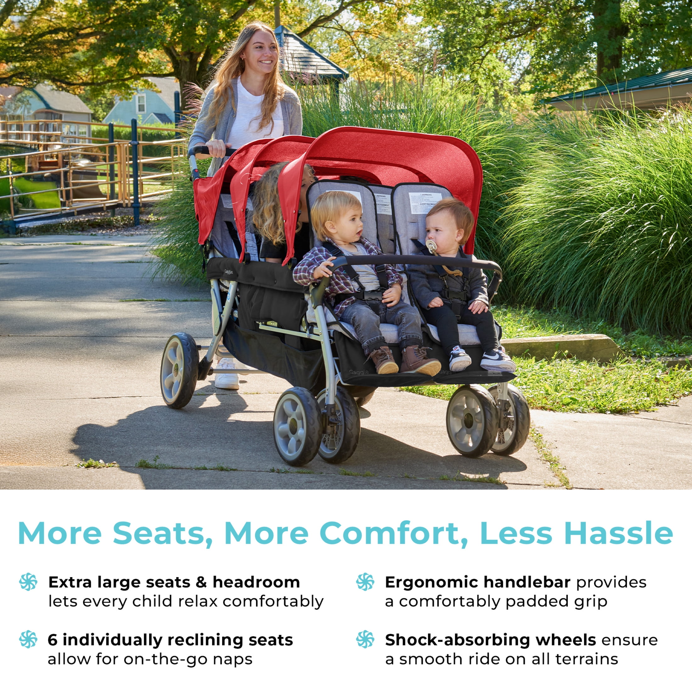 Foundations Gaggle Jamboree 6-Seat Folding Daycare Stroller with Canopies, Reclining Seats, Red/Black
