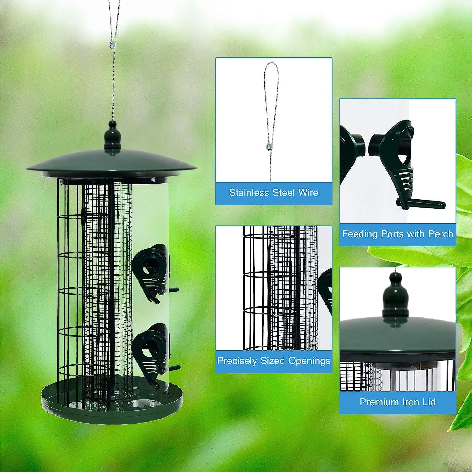 Centurion 3-in-1 Metal Hanging Wild Bird Feeder Outdoor w/3 Feeding Ports & Perches Multi-Colored