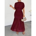 thumbnail image 3 of Red Violet Plus Size Elegant Sheer Mesh Ruched Maxi Dress With Cowl Neck And Puff Sleeves, 3 of 8