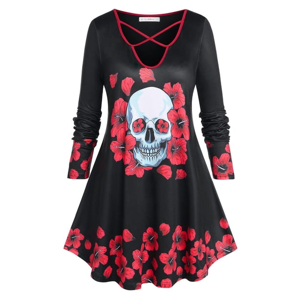Tallas grandes Impresión de cráneo floral Crisscross Halloween camiseta Rosegal Mangas largas de talla grande