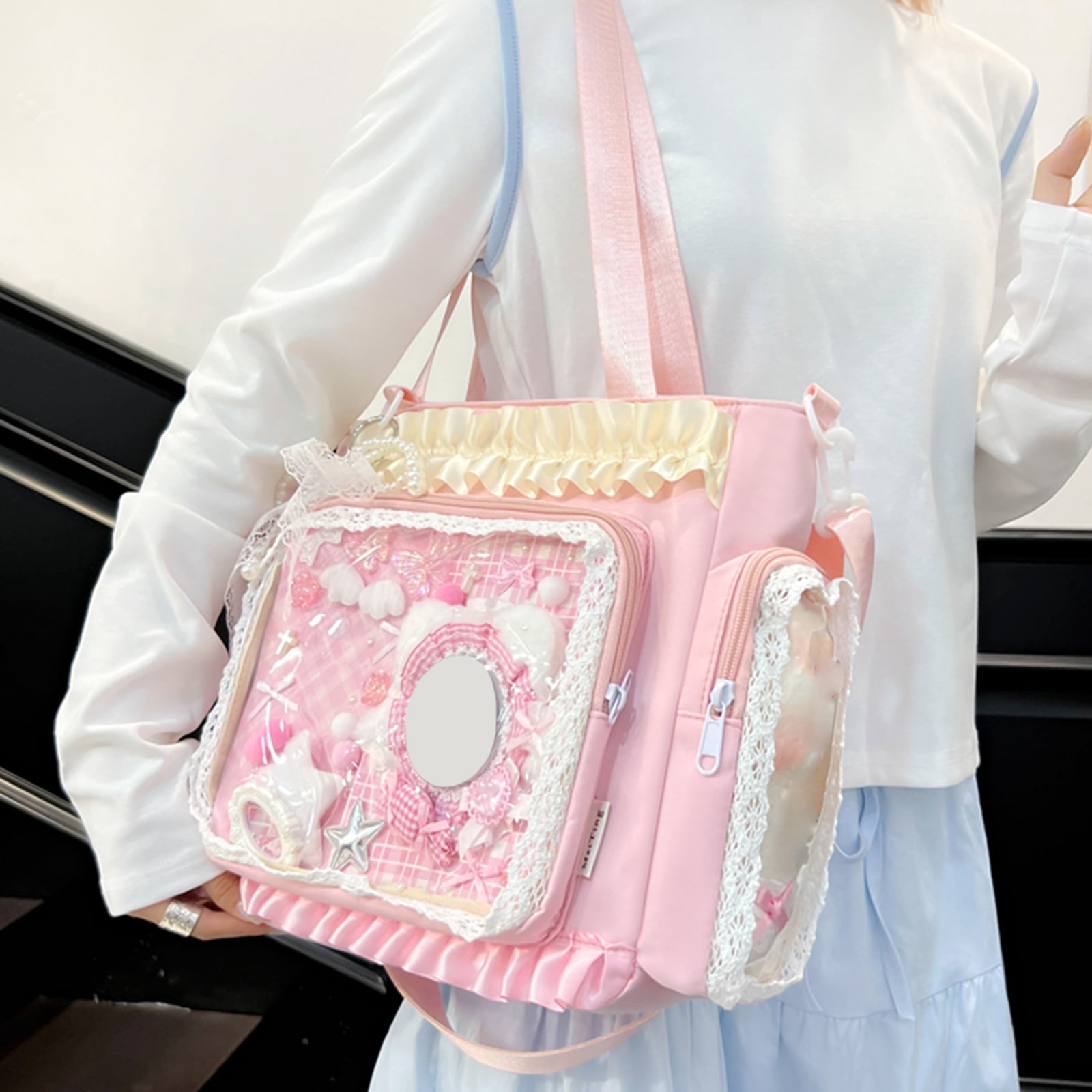 HUISZJ Transparent Square Ita Bag, Lolita Messenger Bag with Zipper & Pendant, DIY Badge Crossbody Bag Student Tote Bag for Shopping Travel Work Daily (Pink)