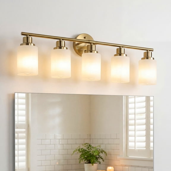31" Modern Gold Vanity Light, 5-Light Bathroom Wall Sconce with Frosted Glass Shades, Wall Mount Lighting for Mirror or Hallway (No Bulbs)