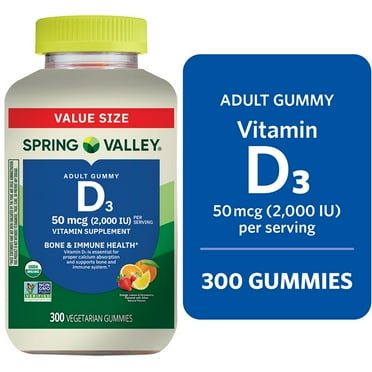 Spring Valley Vitamin D3 Supplement Vegetarian Gummies for Bone and Immune Health, Assorted Fruits, 50 mcg, 300 Count