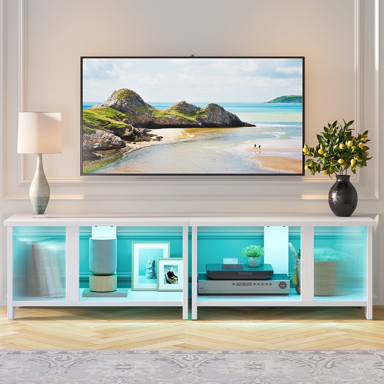 Pinmoco LED TV Stand for TVs up to 65'', Expandable Side by Side or Stacking TV Stand with Storage, White