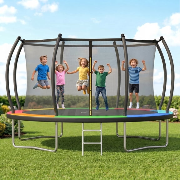 Outdoor Trampoline,Fashionsport Outfitters 8FT/10FT/12FT/14FT Round Jumping Trampoline with Enclosure Net and Ladder,Recreational Backyard Trampolines Anti-Rust for Kids Birthday Gift