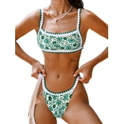 BIKINX Sexy 2 Piece Women's Swimsuits Floral Bandeau Thong Bikini Sets for Women High Cut Bathing Suit Swimwear