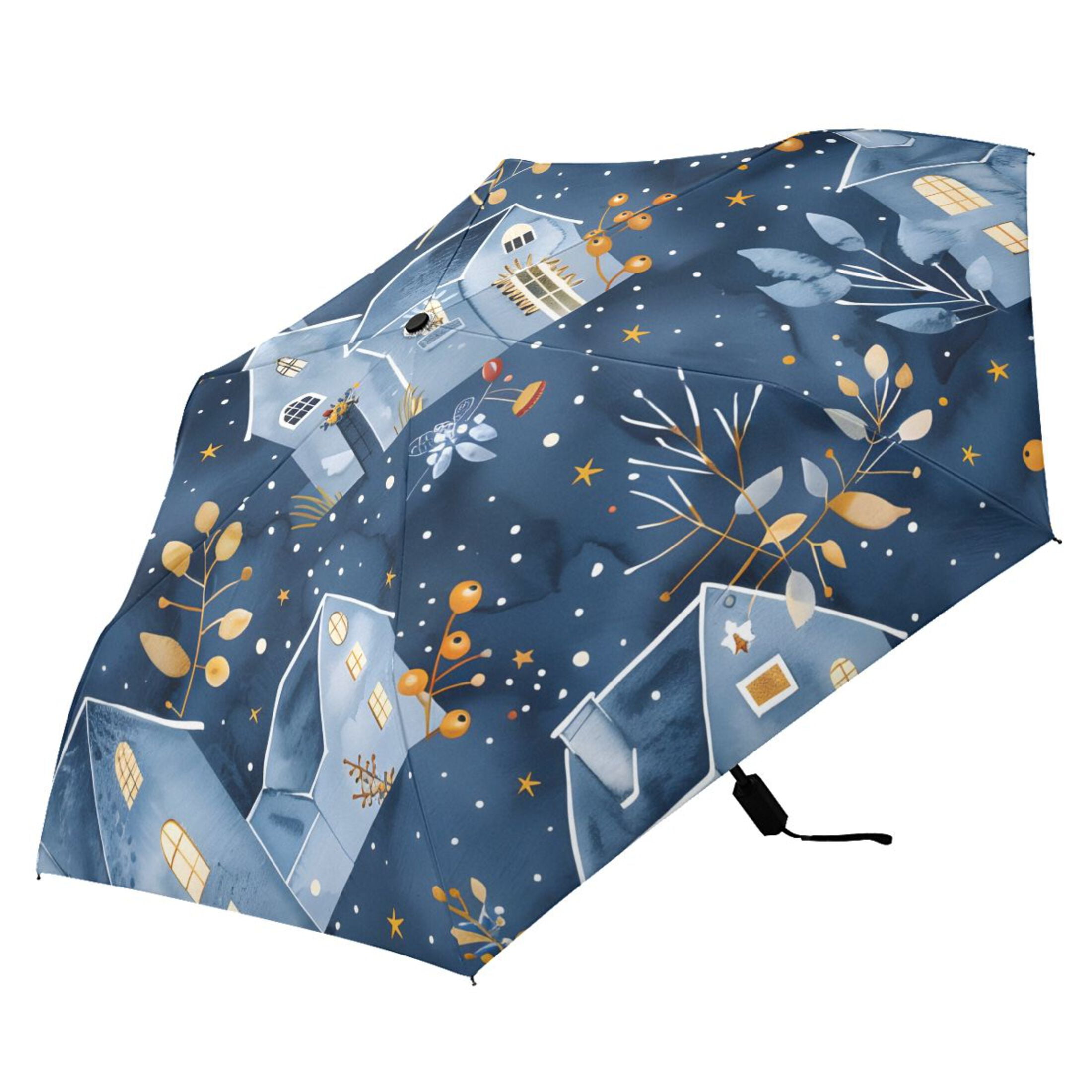 Winter Houses and Barberry Branches Compact Sun Umbrella Windproof Travel Umbrellas for Rain Strong Portable UV Protection