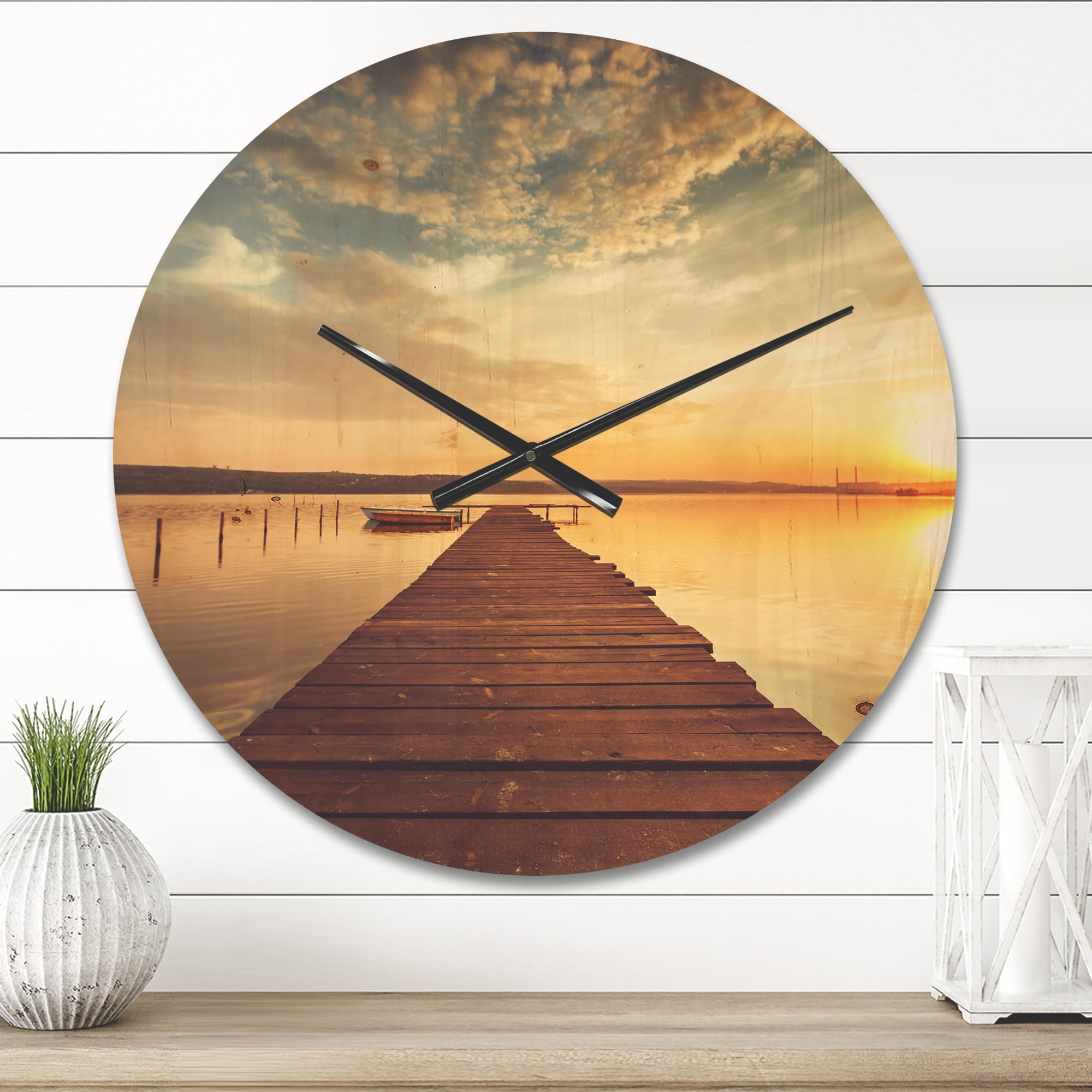 Designart 'Sea Pier under Beautiful Cloudscape Evening Lights' Farmhouse Wood Wall Clock