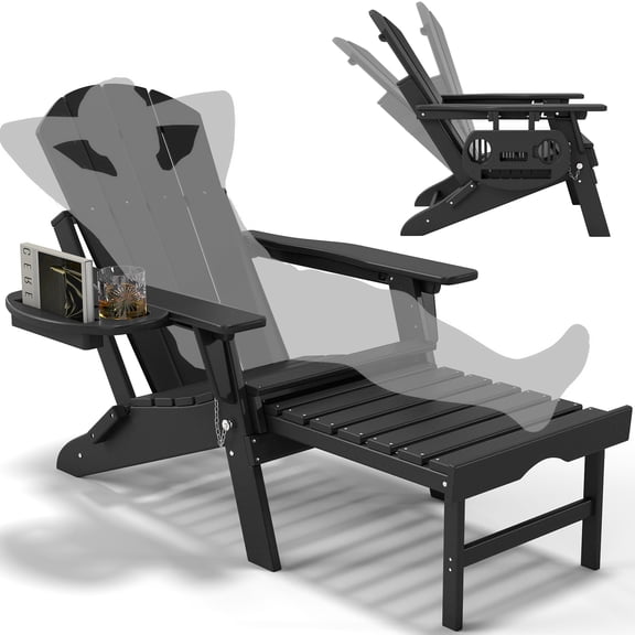Folding Adirondack Chair with Ottoman, Adjustable Backrest Plastic HDPE Adirondack Chairs w/4 in 1 Cup Holder Tray, Black