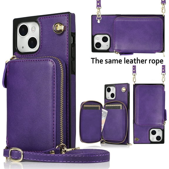 TECH CIRCLE For iPhone 15 Wallet Case,Card Holder Phone Case for Women, Zipper PU Leather Purse Kickstand Folio Flip Case with Crossbody Strap for Apple iPhone 15 6.1" 2023,Purple