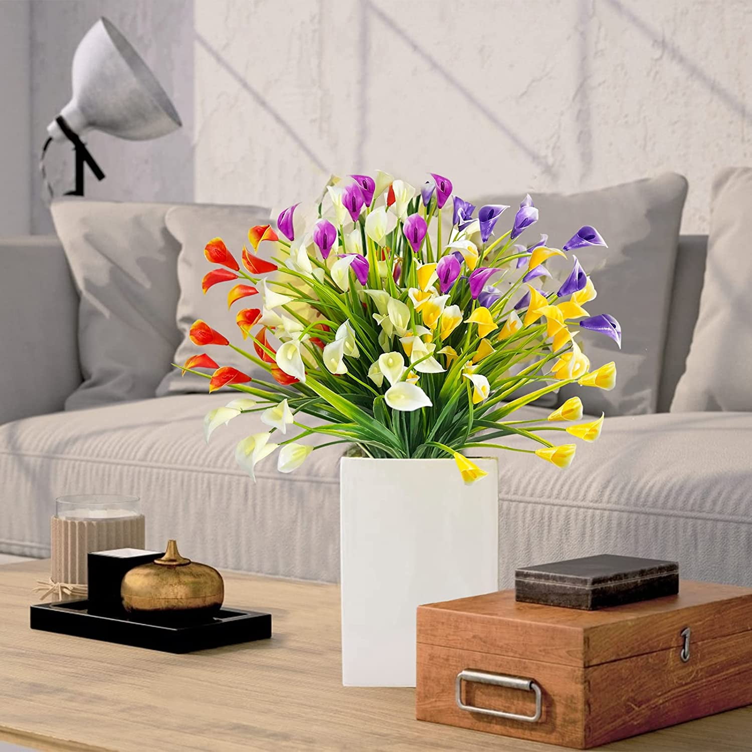 Calla Lily (5Heads) Artificial Flowers for Outdoors, Fake Plants UV Resistant Faux Plastic Flowers Indoor Outside Planter Home Porch Summer Cemetery Decor(Color Mix)