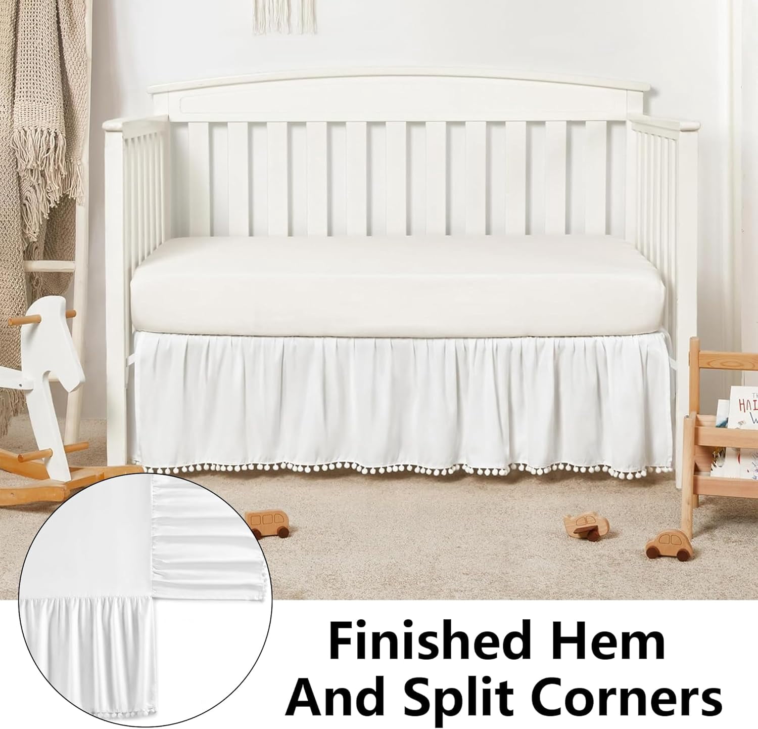Ruffled Crib Skirt with Pompoms:Crib Bed Skirt with 14" Drop,Mini Crib Bedding Toddler Skirt,Baby Crib Accessories for Baby Boys Girls,28" X 52" (White)