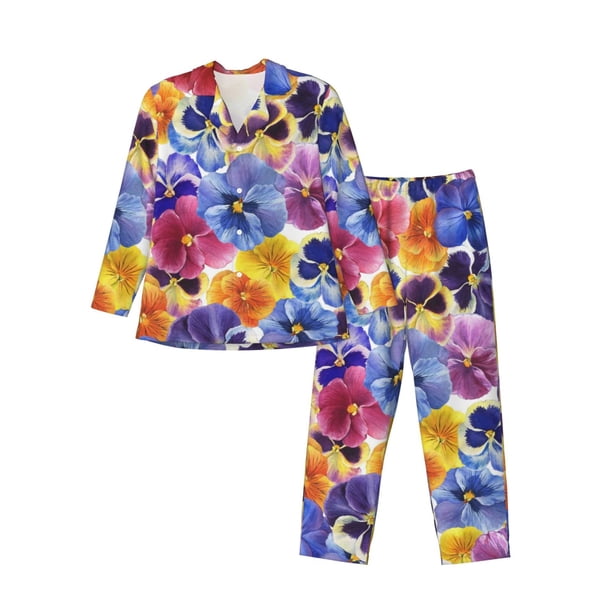 Balery The Garden Tricolor Pansy Flower Pijama para Hombre de Dos Piezas con Manga Larga, Conjunto de Dormir y Descanso Suave con Bolsillos-Small