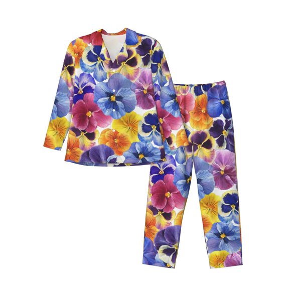 Balery The Garden Tricolor Pansy Flower Pijama para Hombre de Dos Piezas con Manga Larga, Conjunto de Dormir y Descanso Suave con Bolsillos-Small
