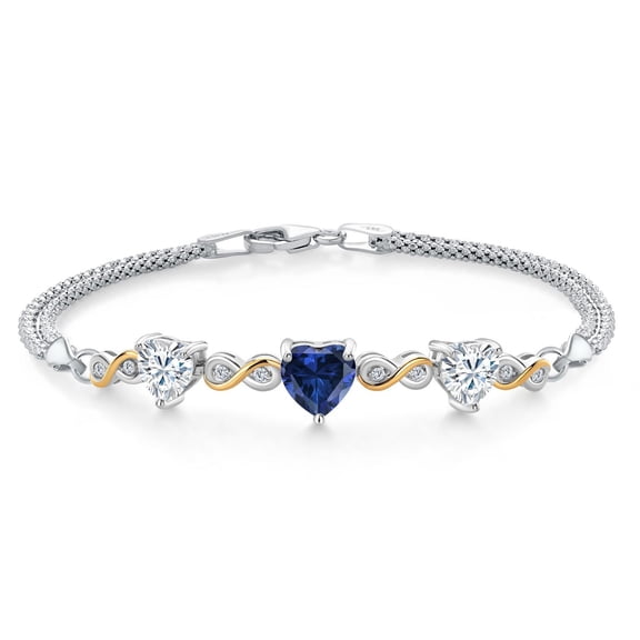 925 Silver and 10K Yellow Gold Blue Created Sapphire and White Moissanite and Lab Grown Diamond Bracelet for Women (2.78 Cttw, September Birthstone, Heart 7MM and 6MM, 6.5/7/7.5 inch, Made in Italy)