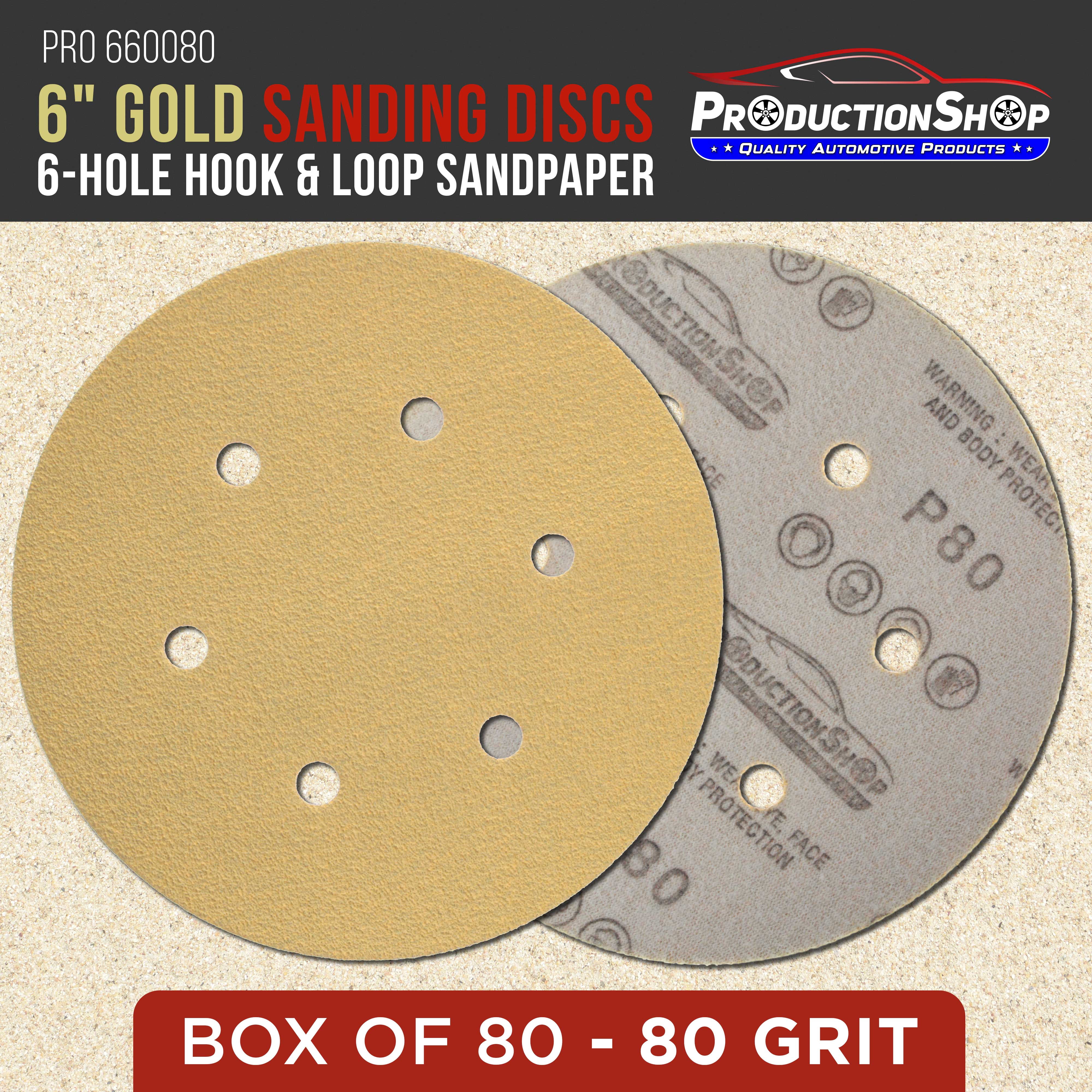 ProductionShop Premium 80 Grit 6" Gold Sanding Discs, 6-Hole Pattern, Box of 100 - Dustless Hook & Loop Backing Sandpaper for DA & Random Orbital Sanders, Sand Auto Paint, Wood Woodworking Furniture