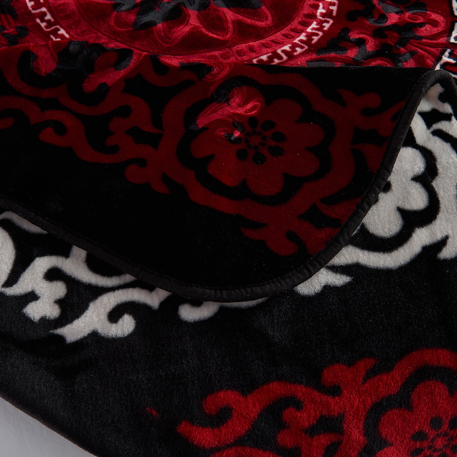Heavy Thick Fleece Blanket King Size, 9lbs,1 Ply Silky Soft Warm Flower Embossed Raschel Winter Blanket, Minky Soft Plush Blanket for Sofa Bed, 85"x95", Black & Red