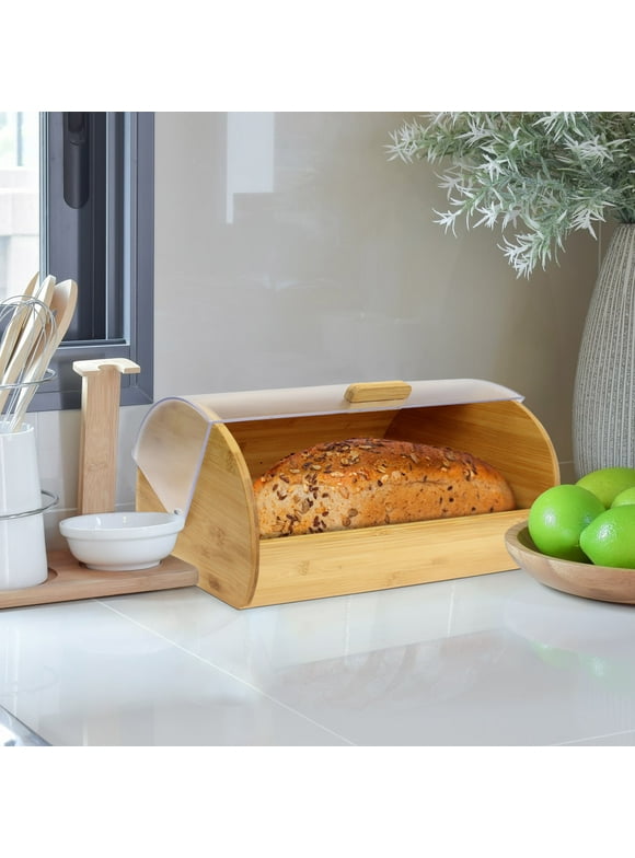 Bamboo Bread Box, Large Storage, Acrylic Easy Glide Cover with Handle, Polished Brown