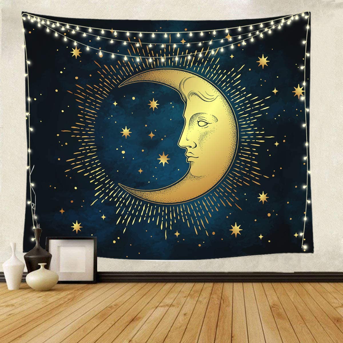 Moon Sun and Stars Blue Woven Blanket Wall Tapestry Throw with Fringe ZodiacMoon 