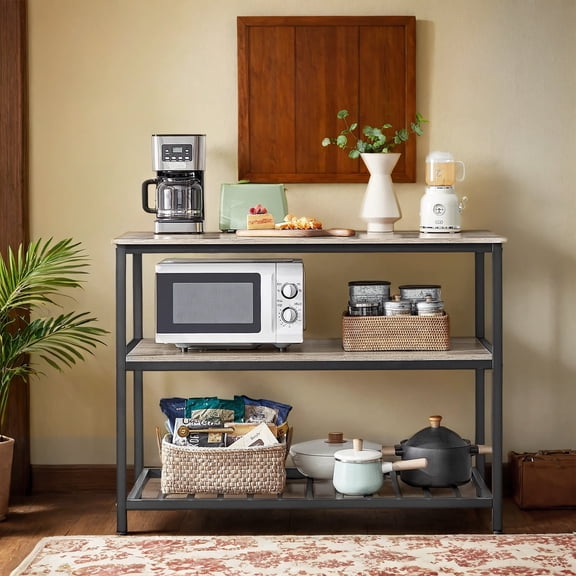 LEDREM Kitchen Island with 3 Shelves,Large Worktop and Industrial Steel Frame,Multi-Purpose Kitchen Cart,Easy Assembly,Greige and Black