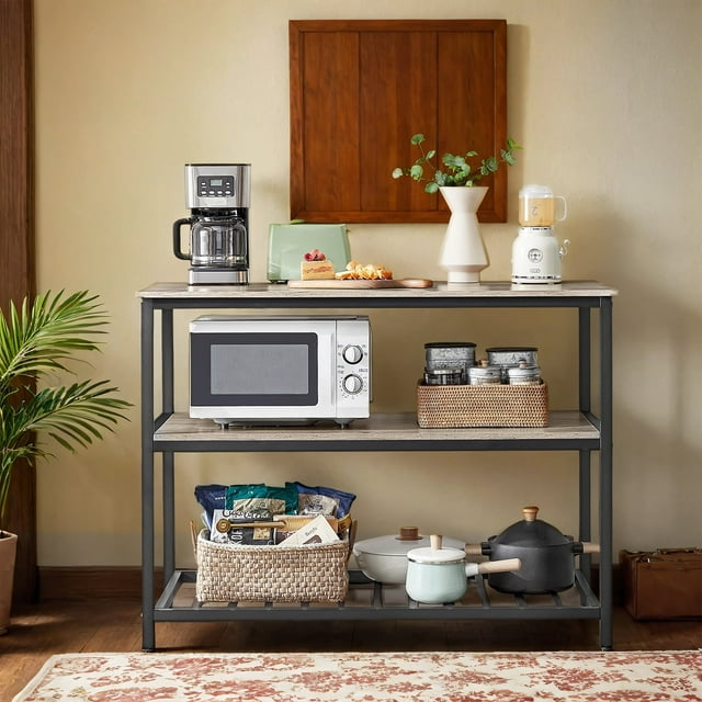 LEDREM Kitchen Island with 3 Shelves,Large Worktop and Industrial Steel Frame,Multi-Purpose Kitchen Cart,Easy Assembly,Greige and Black