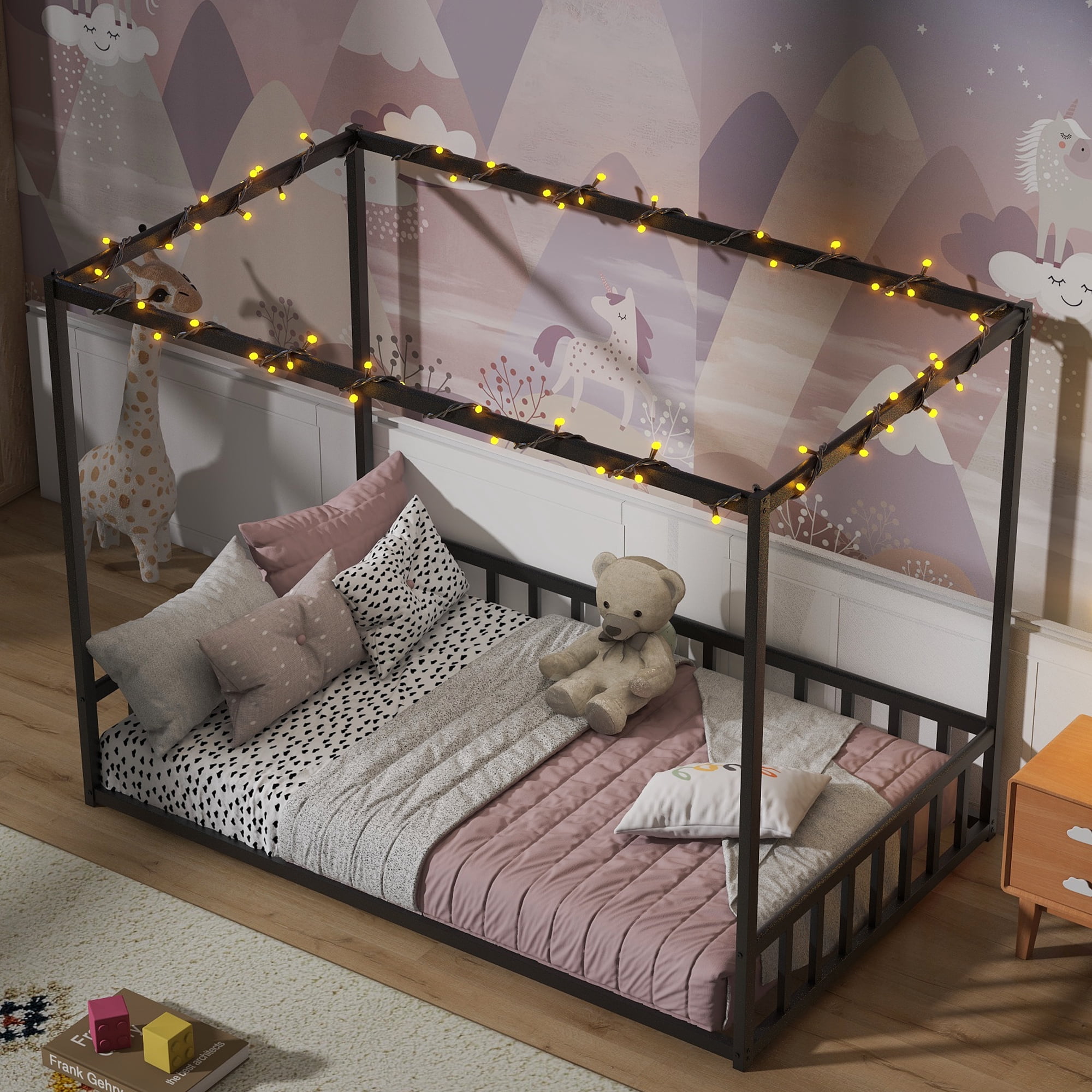 Mintazer Twin Size Kids Sunshade Floor Bed Frame with Guardrails, Canopy Floor Bed for Low Profile, Black
