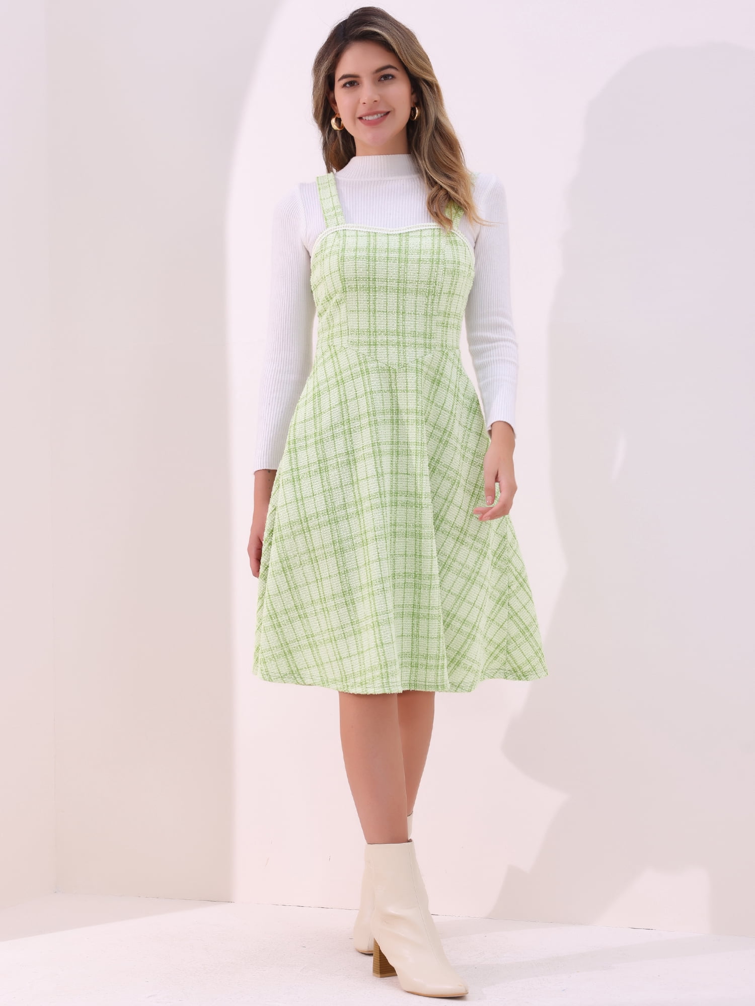 DARING DIVA Women's Sleeveless Square Neck Plaid A Line Pinafore Dresses L Green