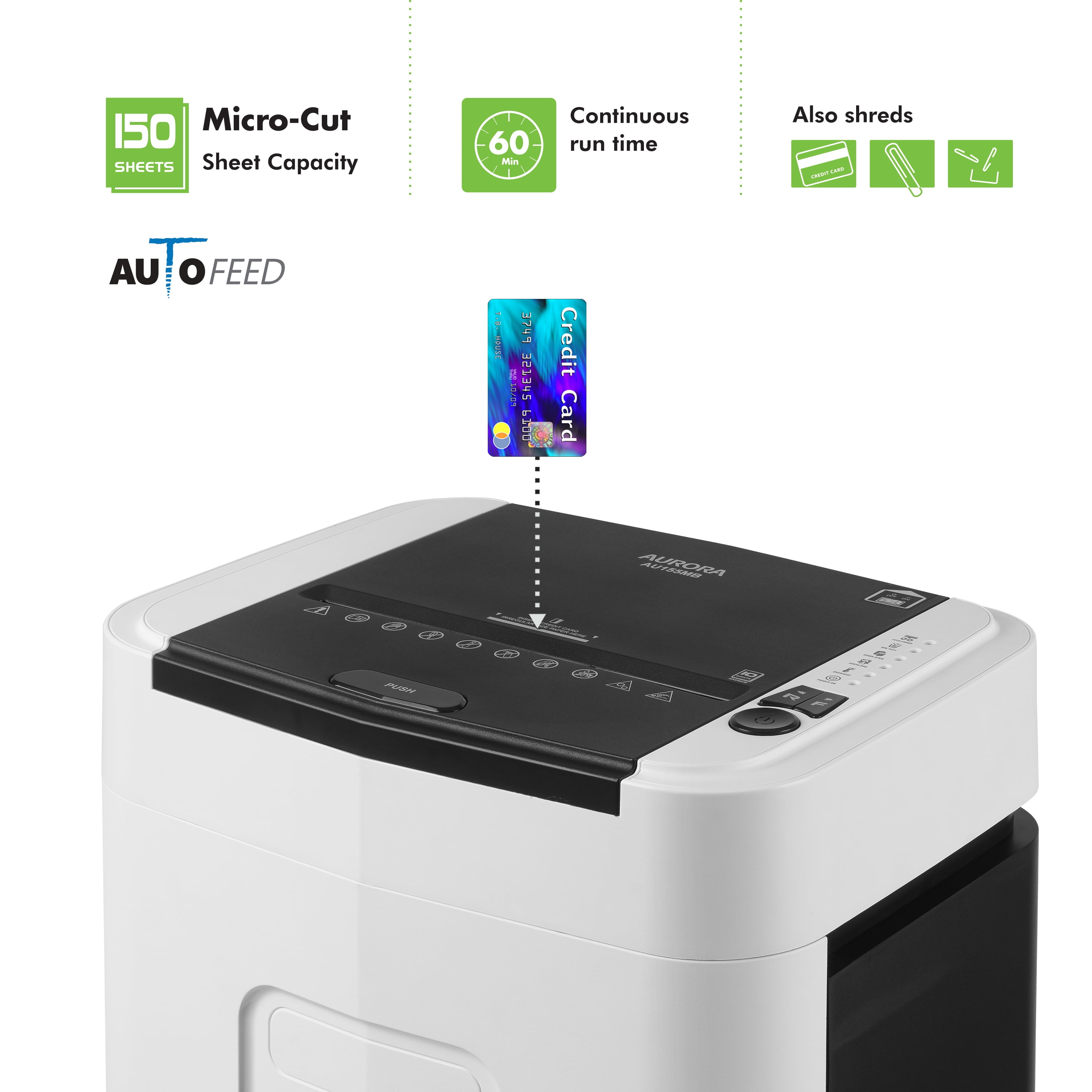 Aurora High Security 150-Sheet Auto Feed Micro-Cut Paper and Credit Card Shredder with 6.3 Gallon Pullout Basket / 60 Minutes/Security Level P-4, White