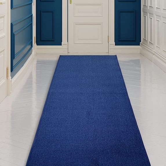 Custom Size Runner Rug Solid Design Blue Color 26 or 31 inch Wide Pick Your Length Non-Slip Rubber Backing Stair Runner