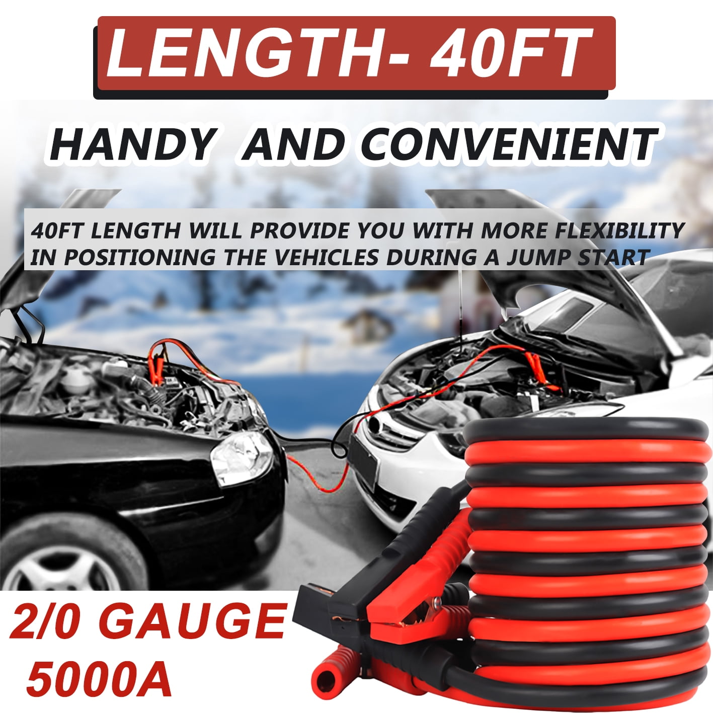 iMeshbean 2/0 Gauge Jumper Cables, 40FT 5000A Heavy Duty Automotive Booster Cables for Car Van Truck
