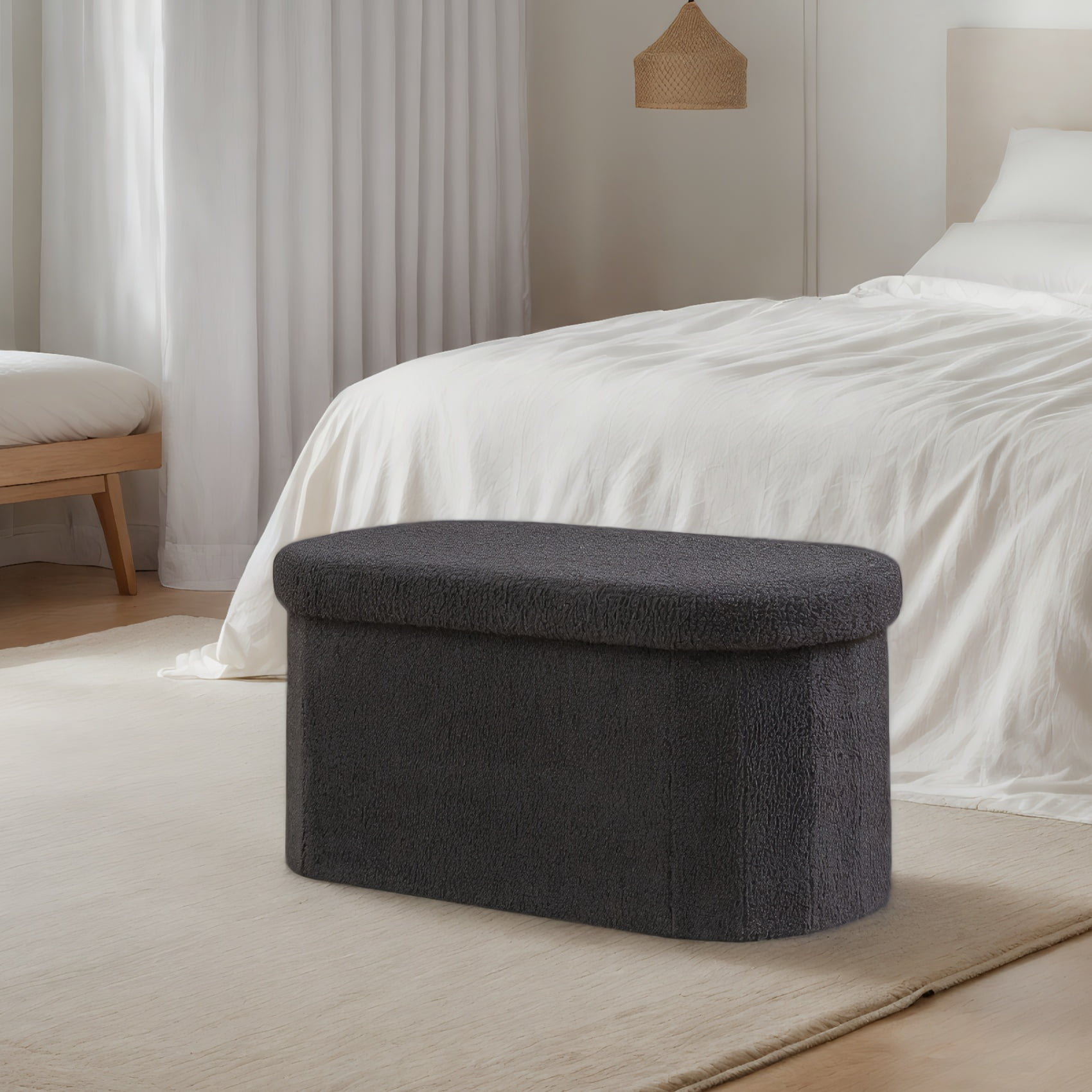 PINPLUS Storage Ottoman Bench Tufted Oval Ottoman Bench Foot Rest Velvet Bench with Storage 30" Darkgrey