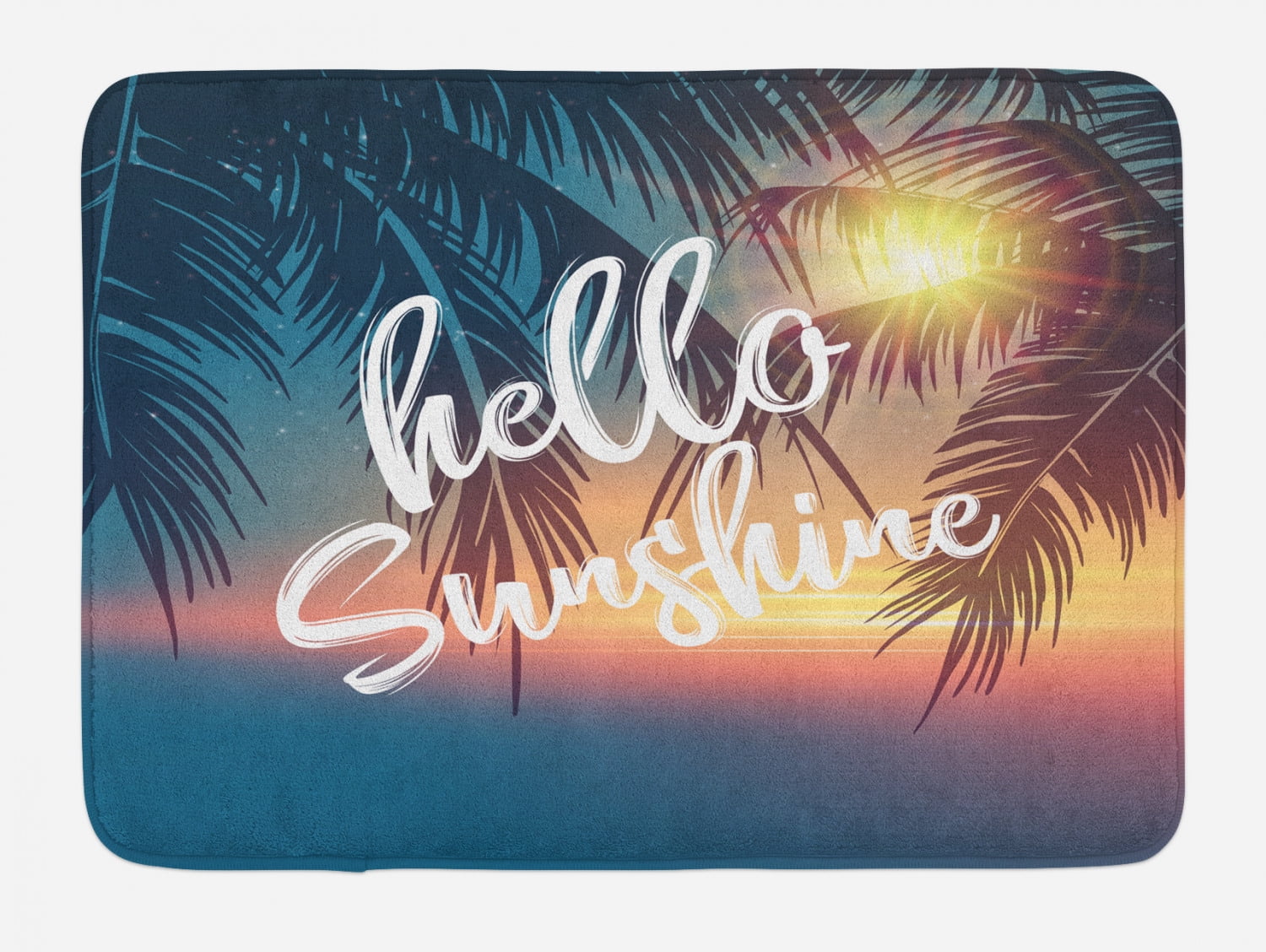 Hello Sunshine Bath Mat, Dreamy Tropical Beach with Abstract Sunset and