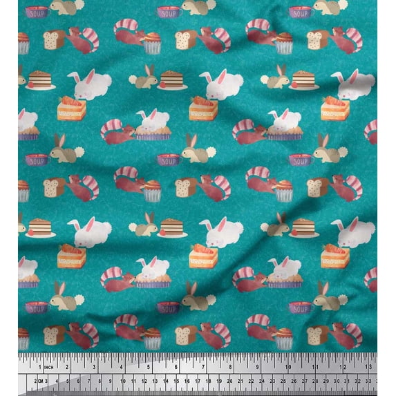 Soimoi Green Rayon Fabric Rabbit Animal Print Fabric by Yard 42 Inch Wide