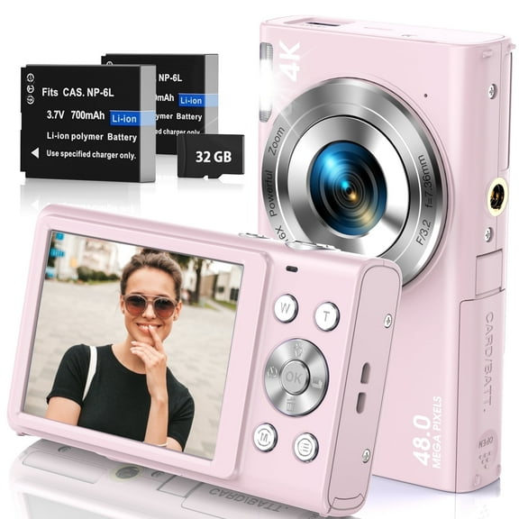 Autofocus 4K Digital Camera with 32GB Card, 48MP 16X Zoom, Compact Point and Shoot Camera with Webcam & Filters for Teens and Beginners (Pink)