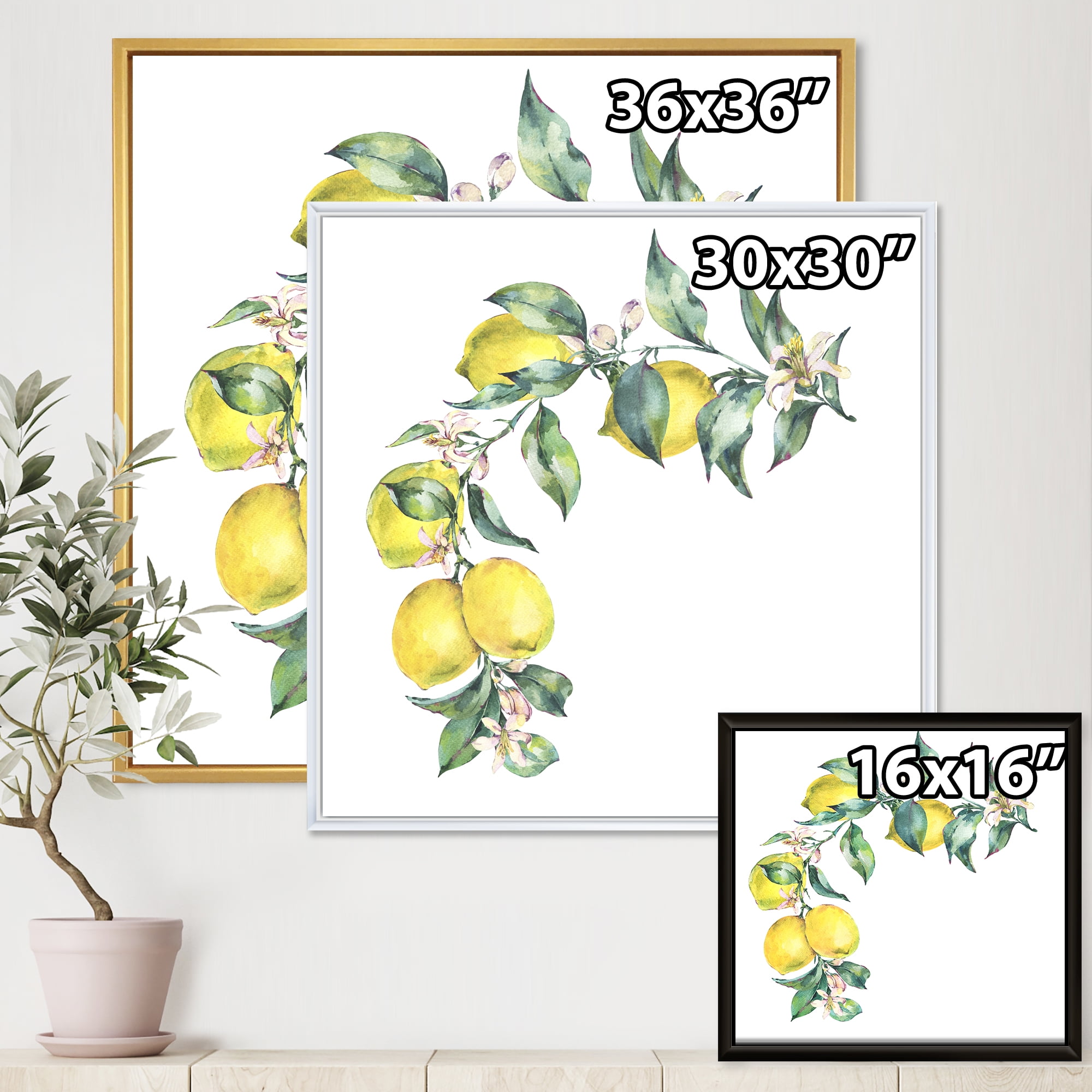 Designart 'Branch of Leaves and Yellow Lemons II' Tropical Framed Canvas Wall Art Print