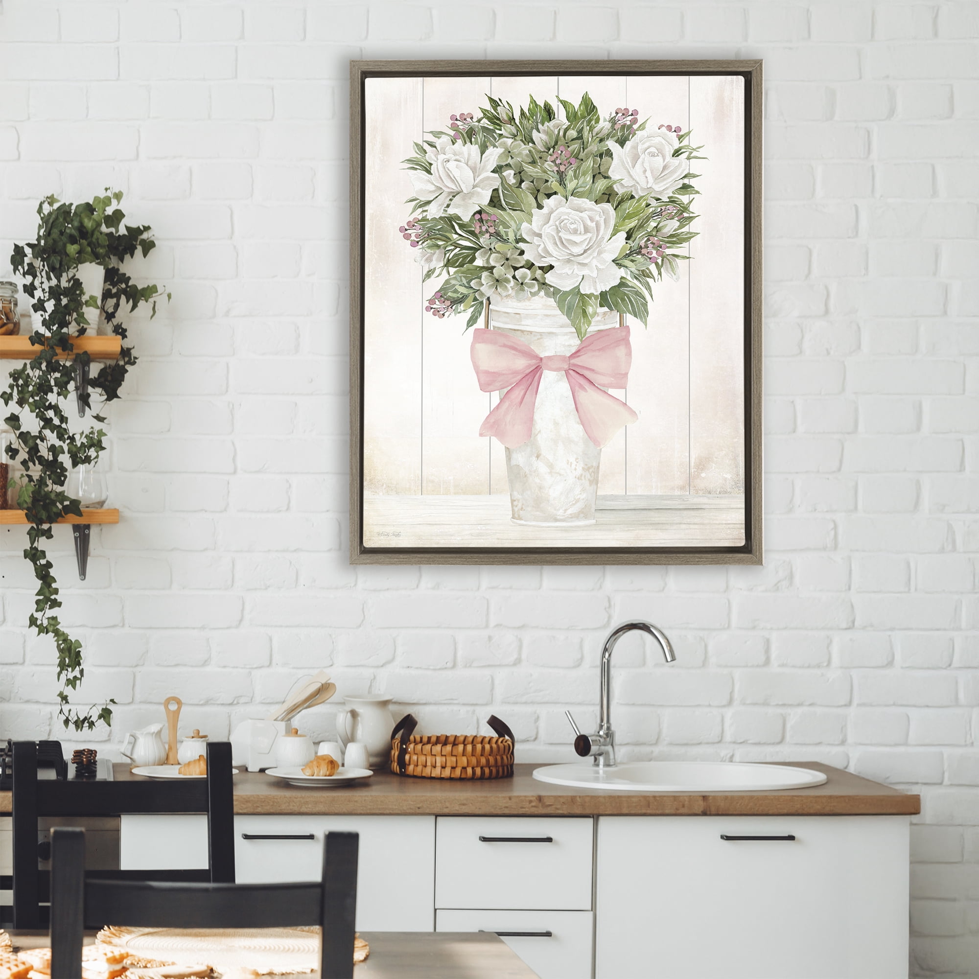 Stupell Industries Pretty In Pink Roses & Bow Brown Framed Floater Canvas Wall Art, design by Cindy Jacobs