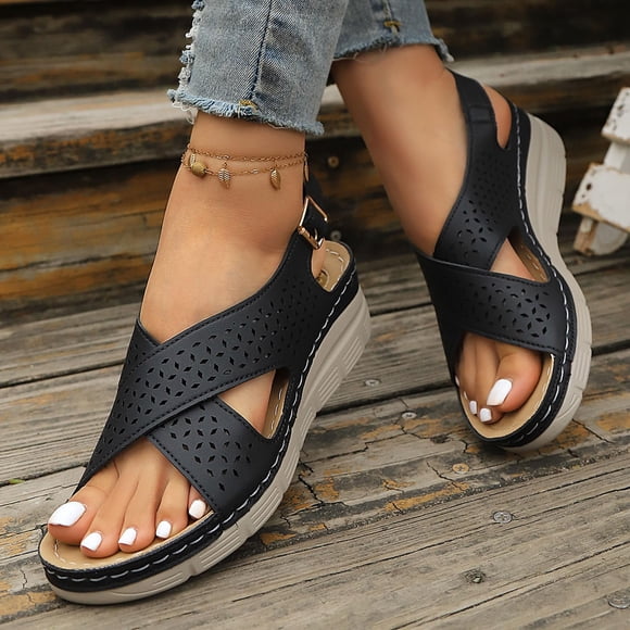 Commforr Walking Sandals Women, Women's Sandals, Summer Sandals, Ladies Platform Wedge Sandal,Open Toe Crisscross Summer Walking Shoes,for Flat Feet Open Toe Buckle Strap Beach Ladies Shoes, Black, 6