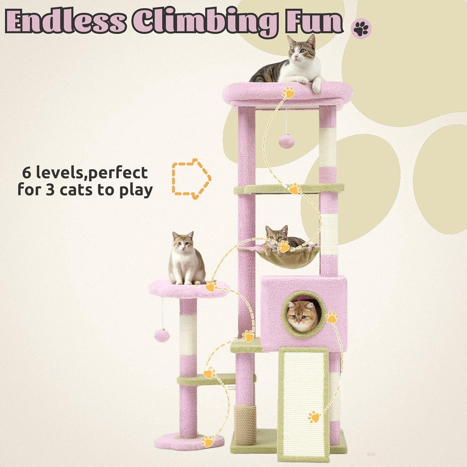61" Tall Flower Cat Tree for Large Cats with Self-Grooming Brush, Climbing Tower for Indoor Kittens with Cat Condo, Top Perch, Basket, Sisal Scratching Posts and Dangling Ball