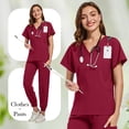 thumbnail image 4 of DENGDENG Scrubs for Women Plus Size Sets Plus Size Stretch V-Neck Scrub Top & Drawstring Jogger Pants with Pockets Petite Nursing Uniforms Soft Cute Wine XL, 4 of 5