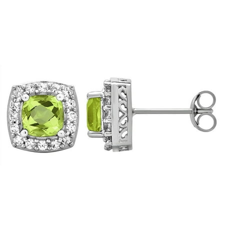 Classic Gemstones - Classic Stud 1.50 Carat Cushion Cut Peridot Gemstone & Cubic Zicrona Earrings In Sterling Silver