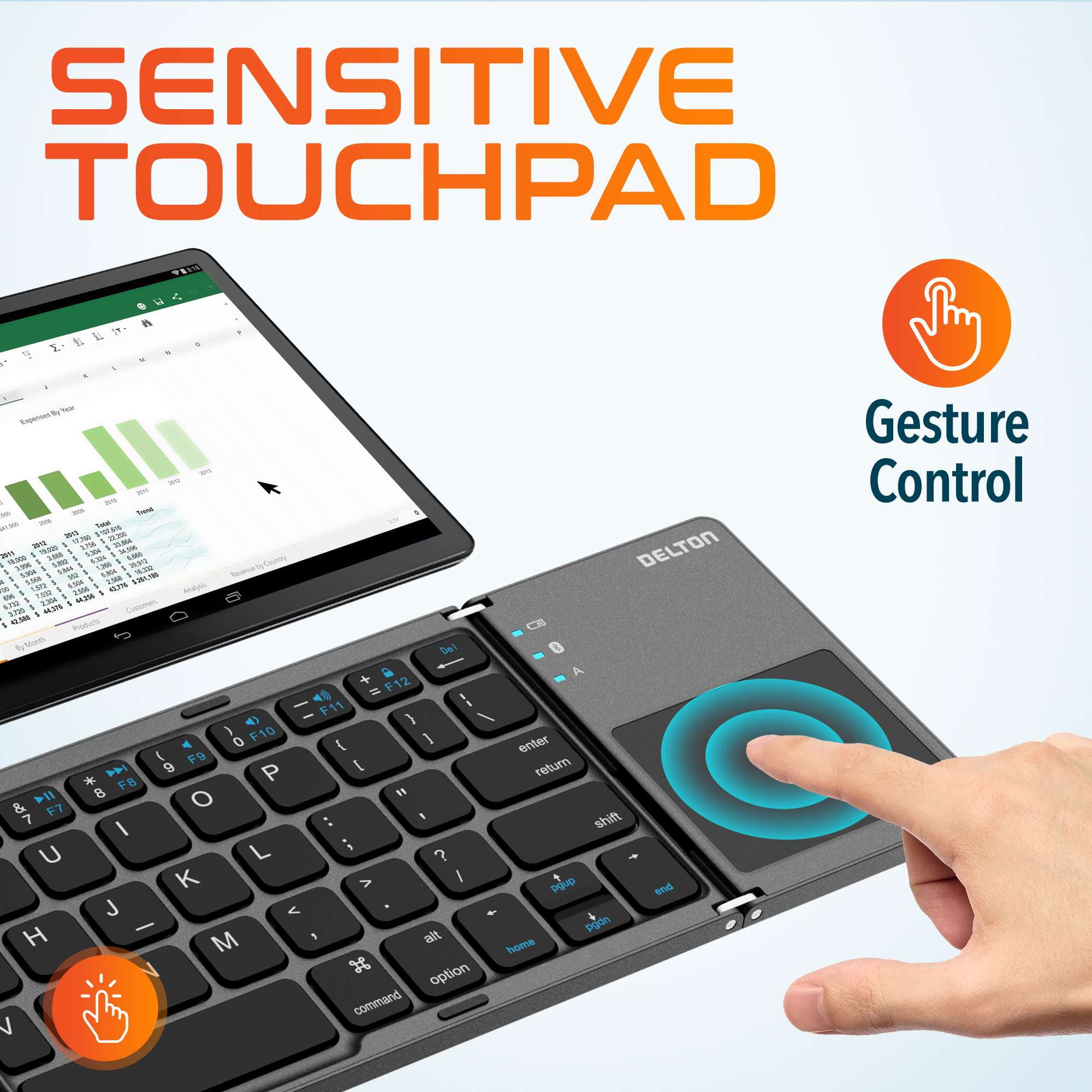Delton F75 Bluetooth Keyboard with Sensitive Touchpad, Compact and Portable Design, Rechargeable Wireless Foldable Keyboard, Compatible with PC, Laptop, iMac, Tablets & Smartphones - Black