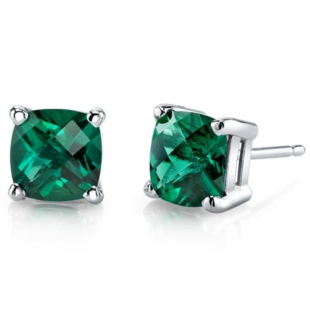 Peora 1.75 Ct Cushion Cut Created Emerald 14K White Gold Stud Earrings