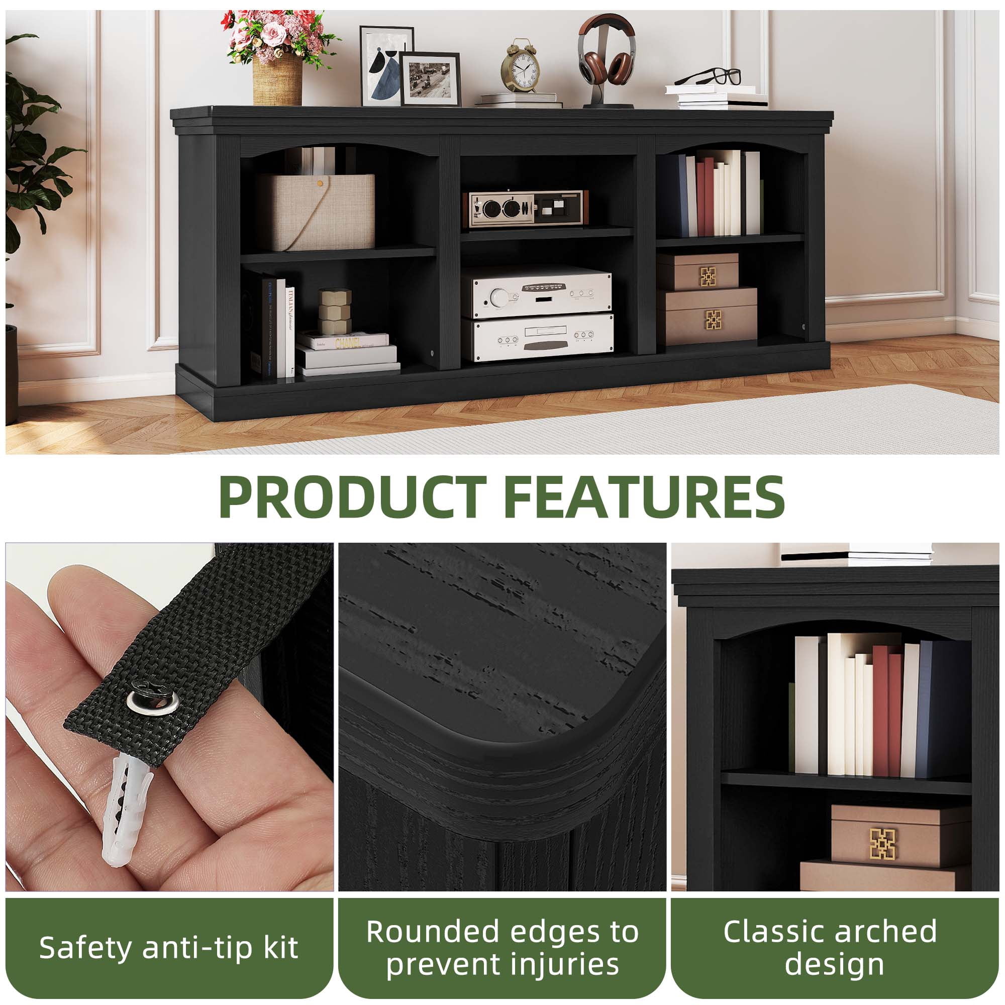 Uforic TV Stand for 80 Inches TV, Farmhouse Entertainment Center with Adjustable Shelf & Storage Cabinets, Black