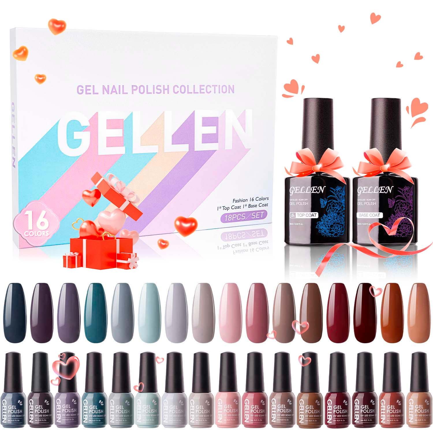 Gellen Gel Nail Polish Kit, 16 Colors Gel Polish Neutral Wine Browns Soak off Nail Gel Polish Set with Top and Base Coat, UV Nail Gel DIY Salon Nail Art Valentine Gift for Women