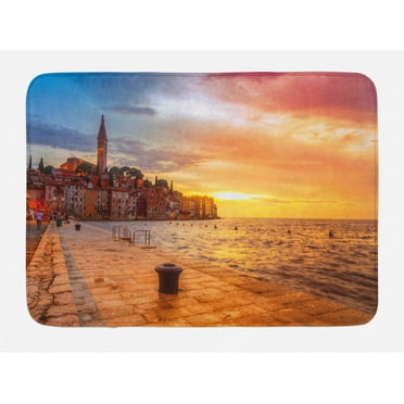 Cityscape Bath Mat, Sunset at Rovinj Adriatic Sea Coast of Croatia Romantic Evening Scenery Print, Non-Slip Plush Mat Bathroom Kitchen Laundry Room Decor, 29.5 X 17.5 Inches, Brown Yellow, Ambesonne